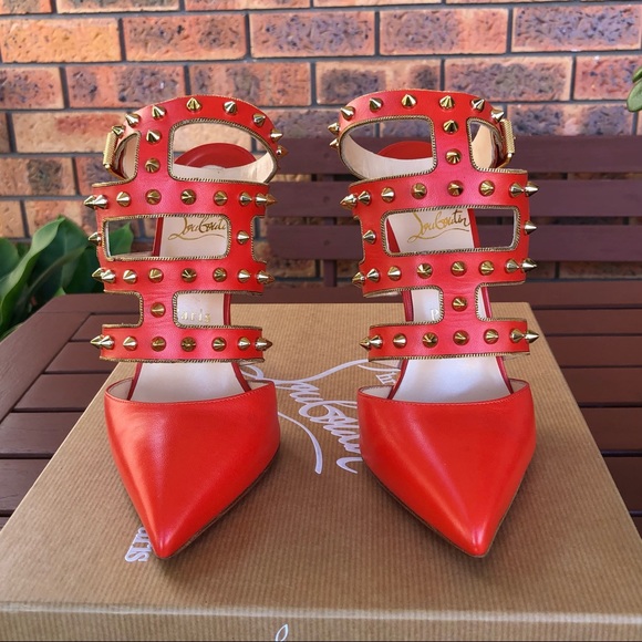 Christian Louboutin Tchicaboum 120mm Studded Orange Caged Heels 37.5 RRP$1750 - Picture 4 of 14